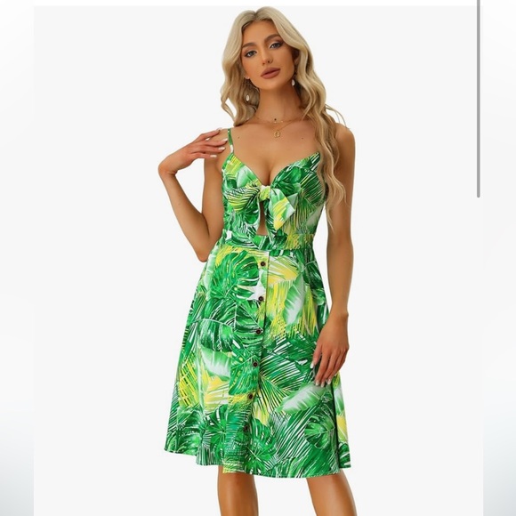 Allegra K green palm tree tropical leaf midi dress with tie knot bust - Picture 1 of 7